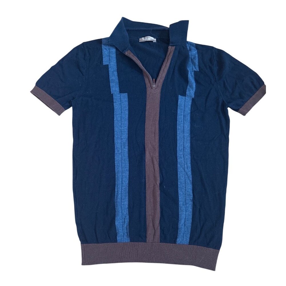 Enrico Cadini Knit Polo Shirt Mens Collared Small Blue Brown Striped Italy